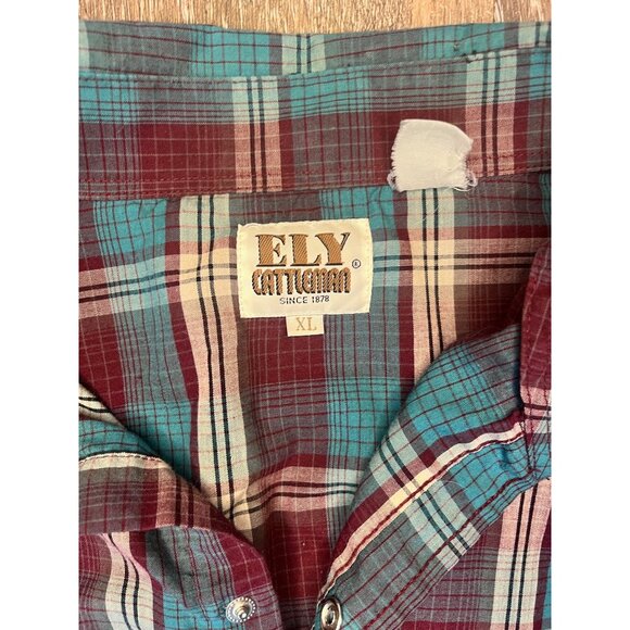 Mens Ely Cattleman XL Snap-Front Plaid Western Shirt Red/Teal Long Sleeve Cotton - Picture 2 of 5
